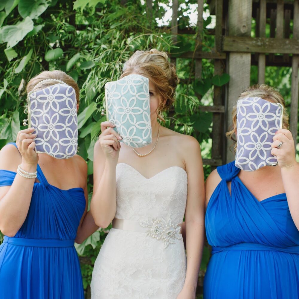 Colorful Bridesmaid Clutch Set Of 3, Personalized Lace Wedding Purse With Vintage Style Lace, Eight Inch Frame