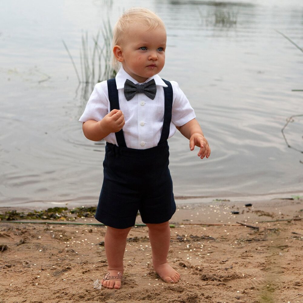 Nautical Wedding Baby Boy Suit, Toddler Shorts Suspenders Shirt Bowtie, Baby Navy Blue Linen Outfit, Ring Bearer Outfit Inkwell