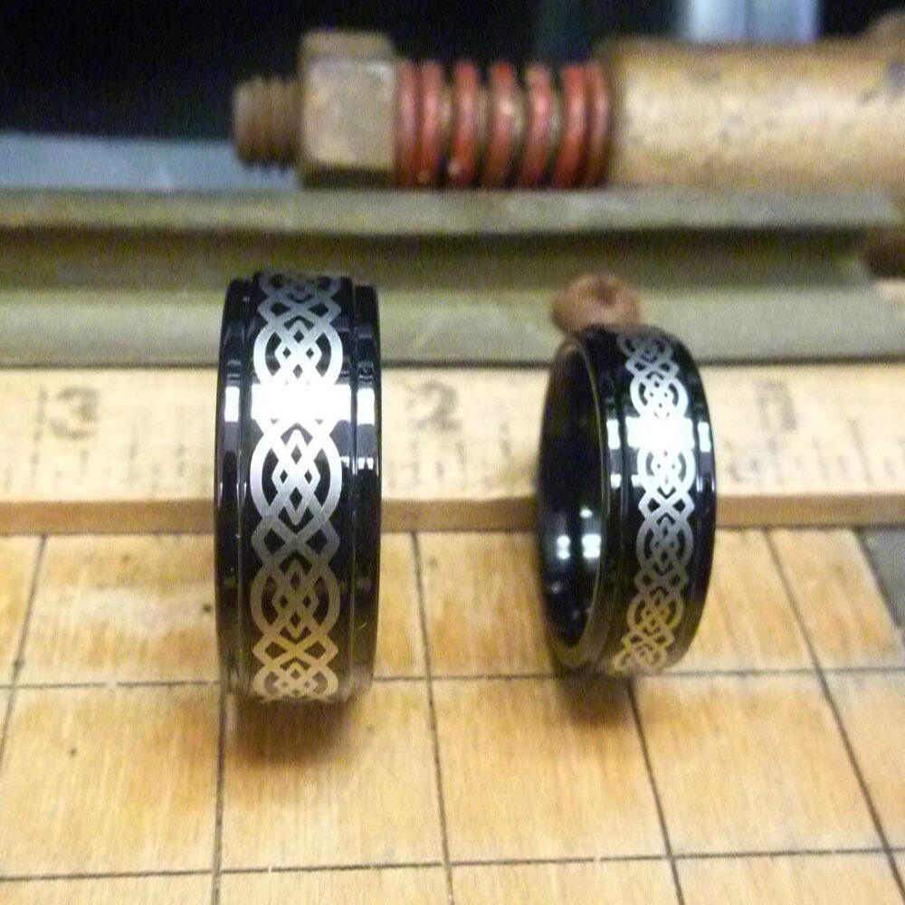 Custom Celtic Cross Ring, Tungsten Wedding Band Jewelry Set, Black Plated 8mm/6mm Engraved Personalized Engraving Minimalist Ring