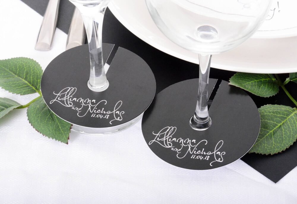 Wedding Wine Glass Tags - Champagne Tag Calligraphy Wineglass Personalized Stem Circles Wdim-273