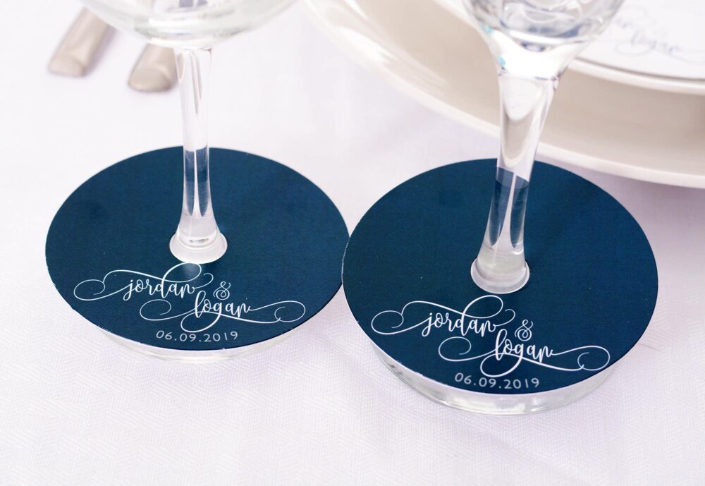 Wedding Wine Glass Tags - Champagne Script Markers Personalized Stem Tag Circles Wmur-101