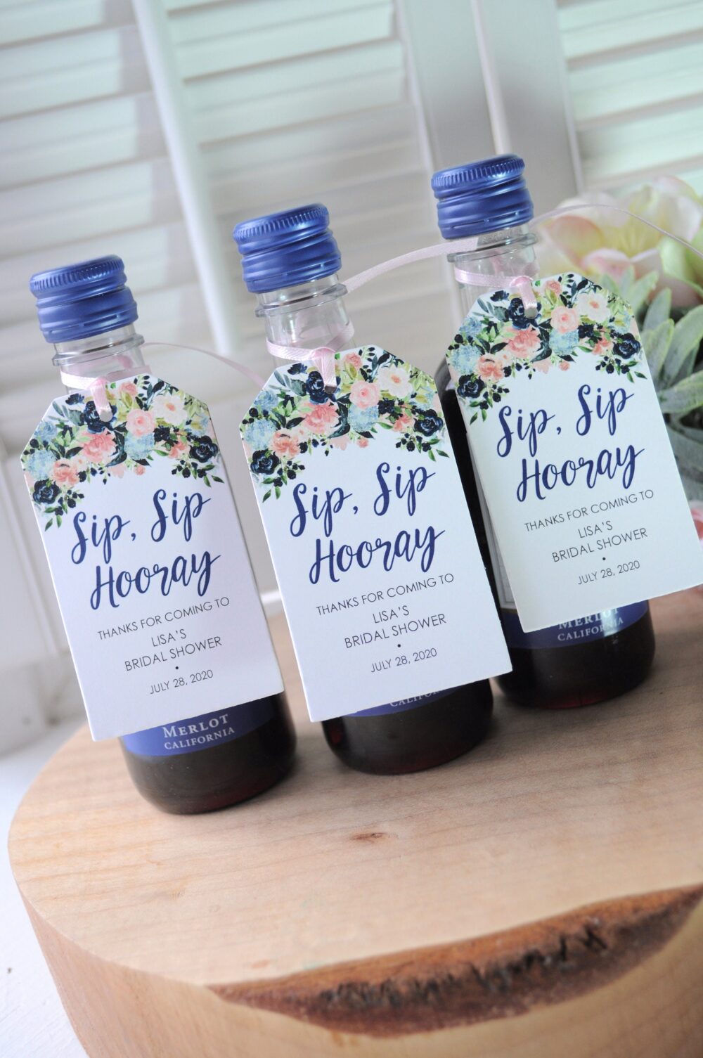 Bridal Shower Favors Tags For Mini Wine Bottles, Wedding Champagne Tags, Sip Hooray Favor Navy Blue Pink - Set Of 12
