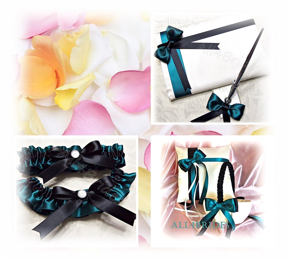 Teal & Black Wedding Set Ring Pillow, Basket, Garters, Guest Book