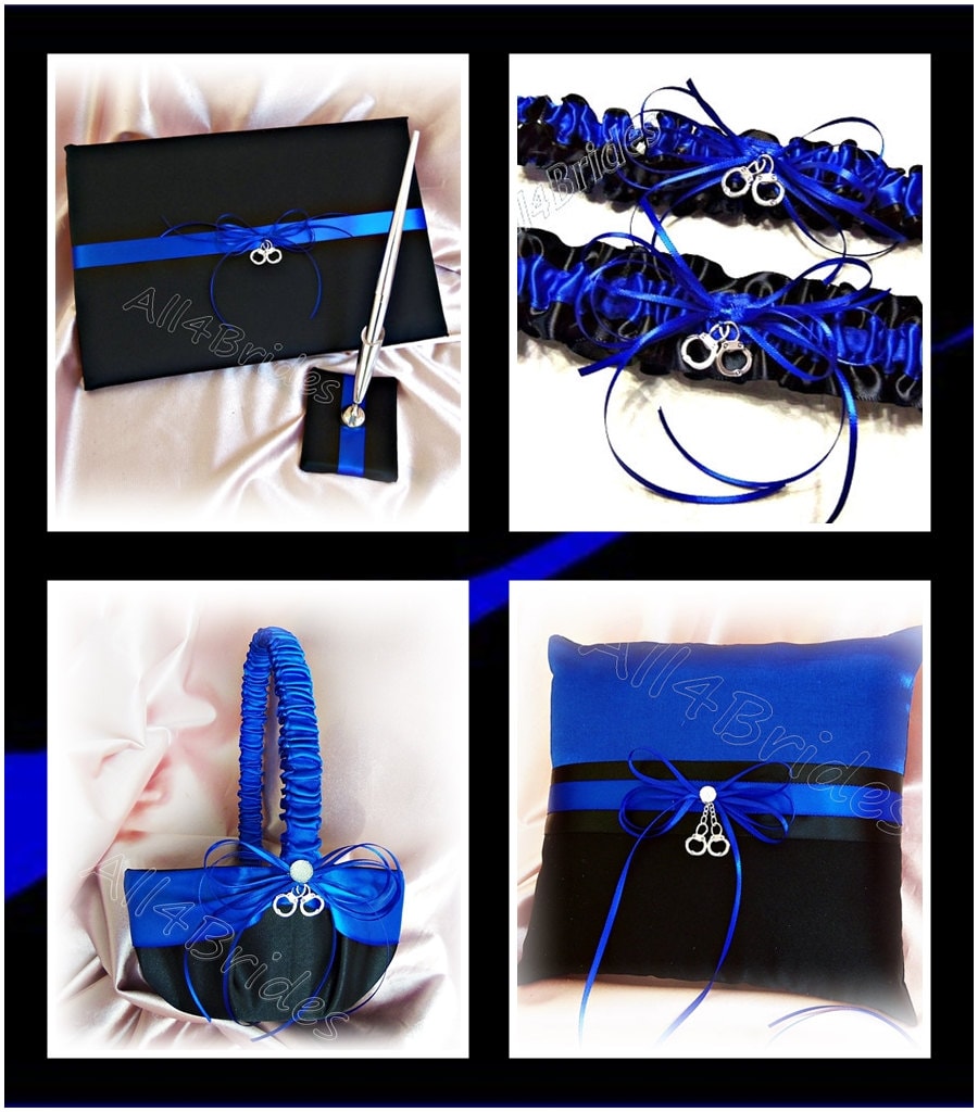 Thin Blue Line Wedding Set Handcuff Garters, Pillow, Basket, Guest Book