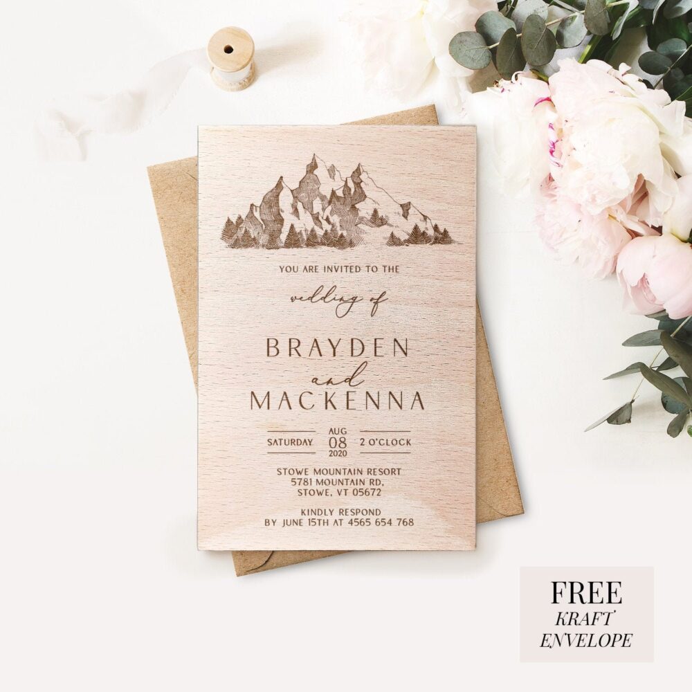 Rustic Mountain Wooden Wedding Invitation Engraved Forest Design