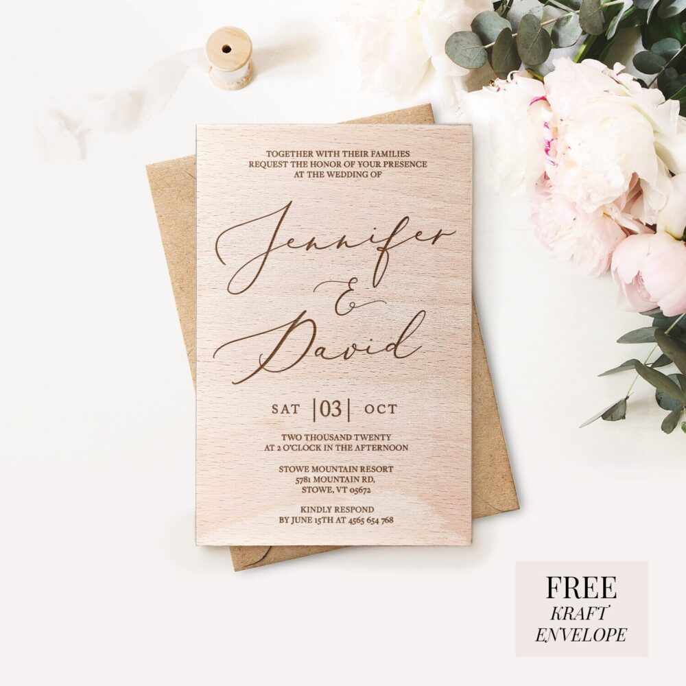 Rustic Simple Modern Wooden Wedding Invitations, Greenery, Eucalyptus, Boho Wedding, Wood Invite