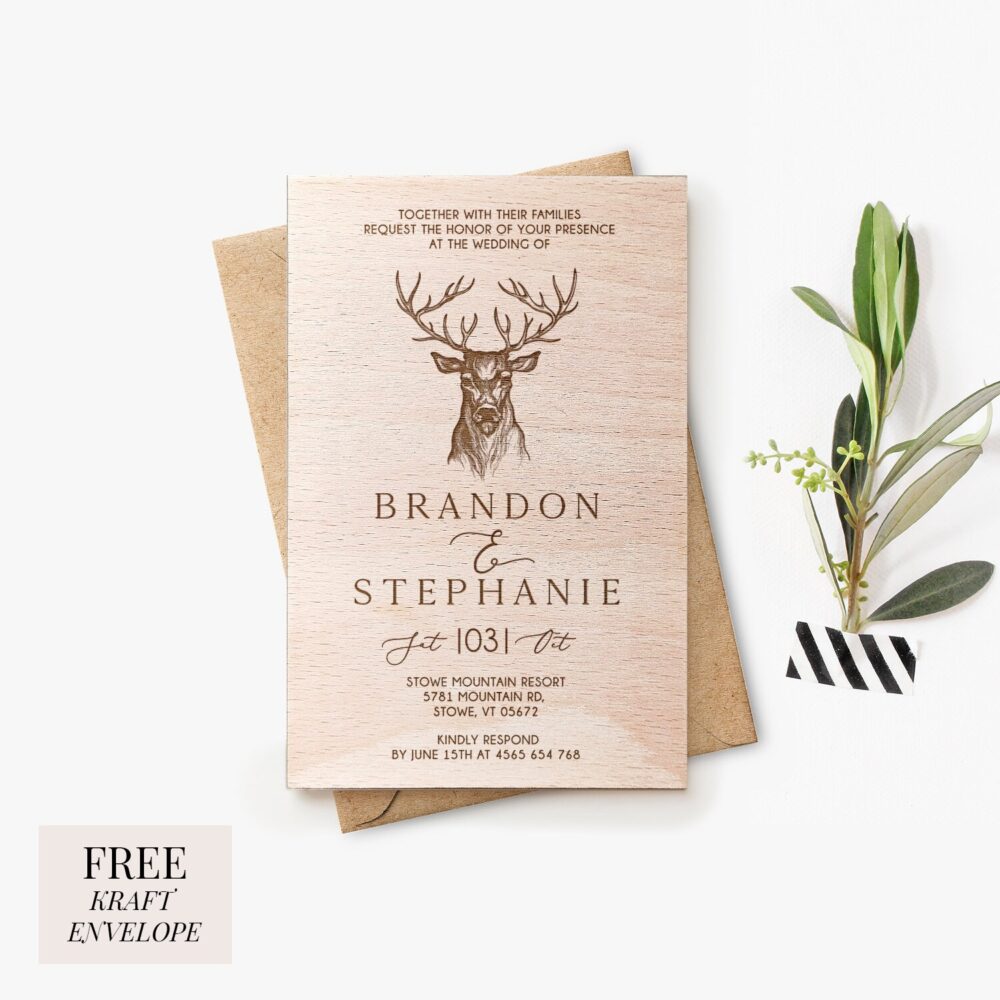 Rustic Wooden Wedding Invitation Engraved Mountain Adventure