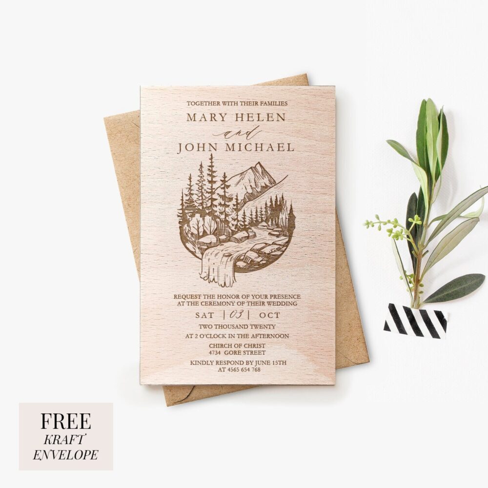 Rustic Adventure Mountain Wooden Wedding Invitations, Personalized Wood Invitation