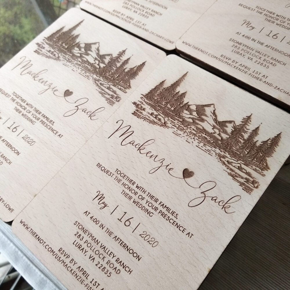 Rustic Adventure Mountain Wooden Wedding Invitations, Personalized Forest Wood Invitation