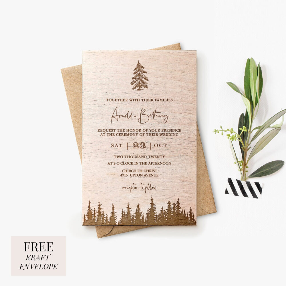 Rustic Wooden Wedding Invitations Engraved Forest Design