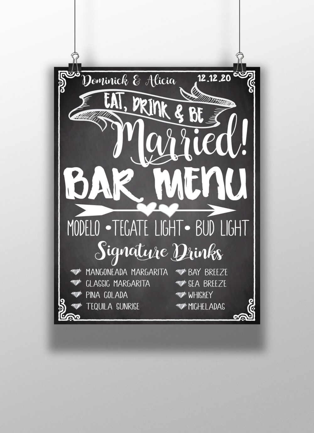 Signature Wedding Drink Menu Chalkboard Sign, Eat & Be Married Signature Cocktail List For Wedding, Chalk Bar Digital