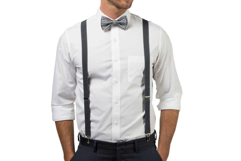 Bow Tie Suspenders For Mens, Dark Grey & Black Gingham Tie, Wedding Groom Groomsmen