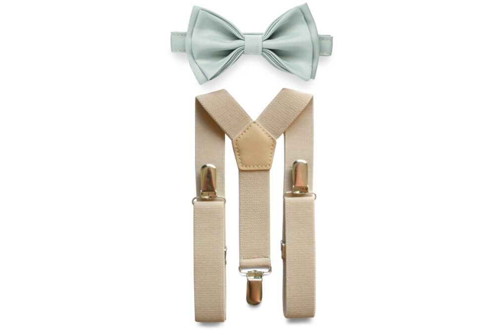 Dusty Sage Bow Tie & Tan Beige Suspenders For Wedding Groom Groomsmen Ring Bearer, Suspenderes Toddler Boys Mens