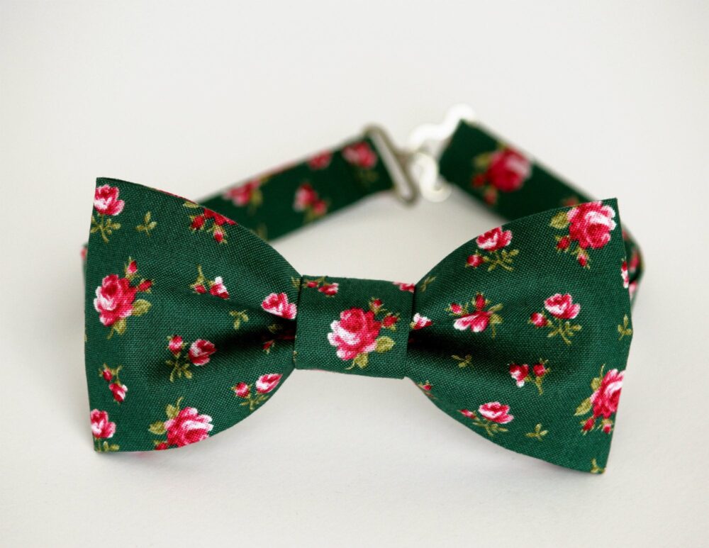 Green Floral Bow Tie, Wedding Grooms, Groomsmen Kids Ringboy Green & Pink Roses Bowtie, Pocket Square