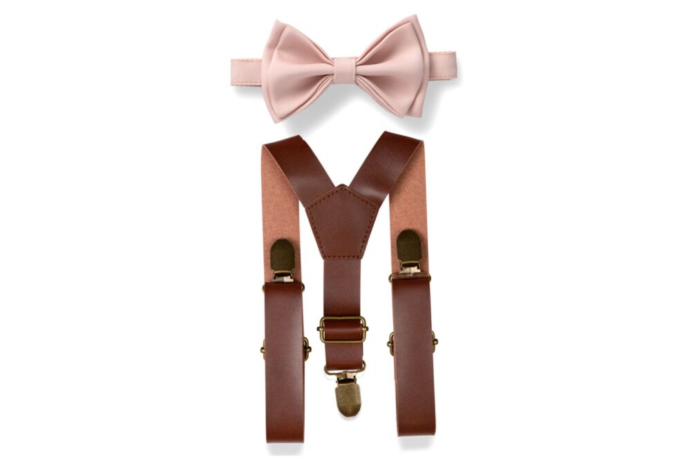 Brown Leather Suspenders & Blush Bow Tie Wedding, Groom Groomsmen, Ring Bearer Outfit