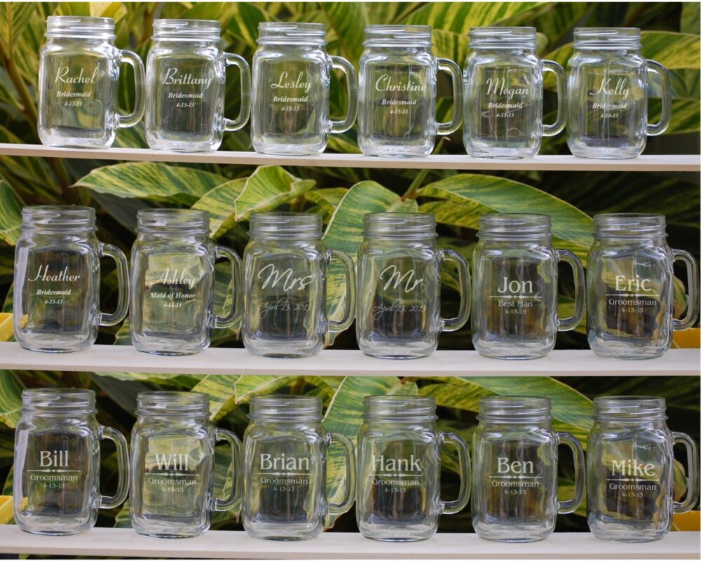 18 Mason Jar Wedding Glasses, Party Personalized Mugs, Groomsmen Gift, Bridesmaid Favor Engraved Beer Mugs