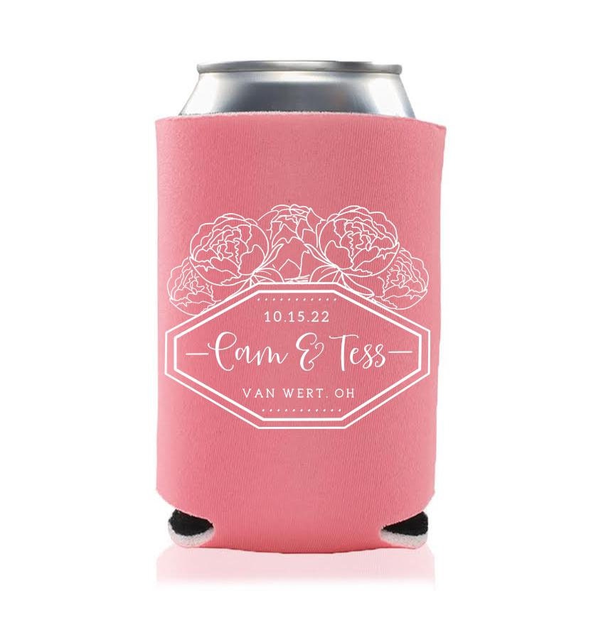 Spring Wedding Favors | Can Coolers Garden Reception For Guests Peony Floral Modern