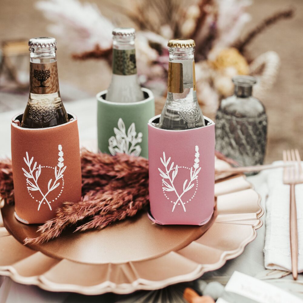Drink Cozie Wedding Favors | Palm Springs Boho Bridal Shower Gift, Desert Dried Floral Pink Terracotta Sage, Bohemian Backyard Reception