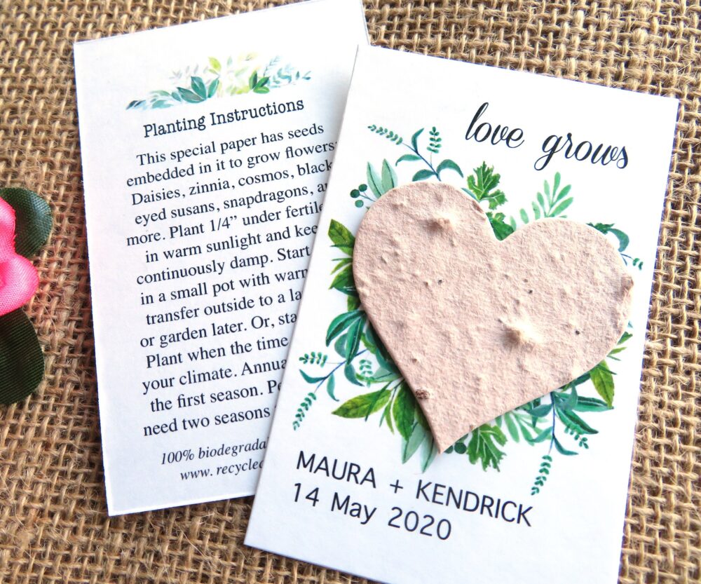 Wedding Favors Seed Paper Heart Love Grows Cards - Recycled Eco Friendly Personalized
