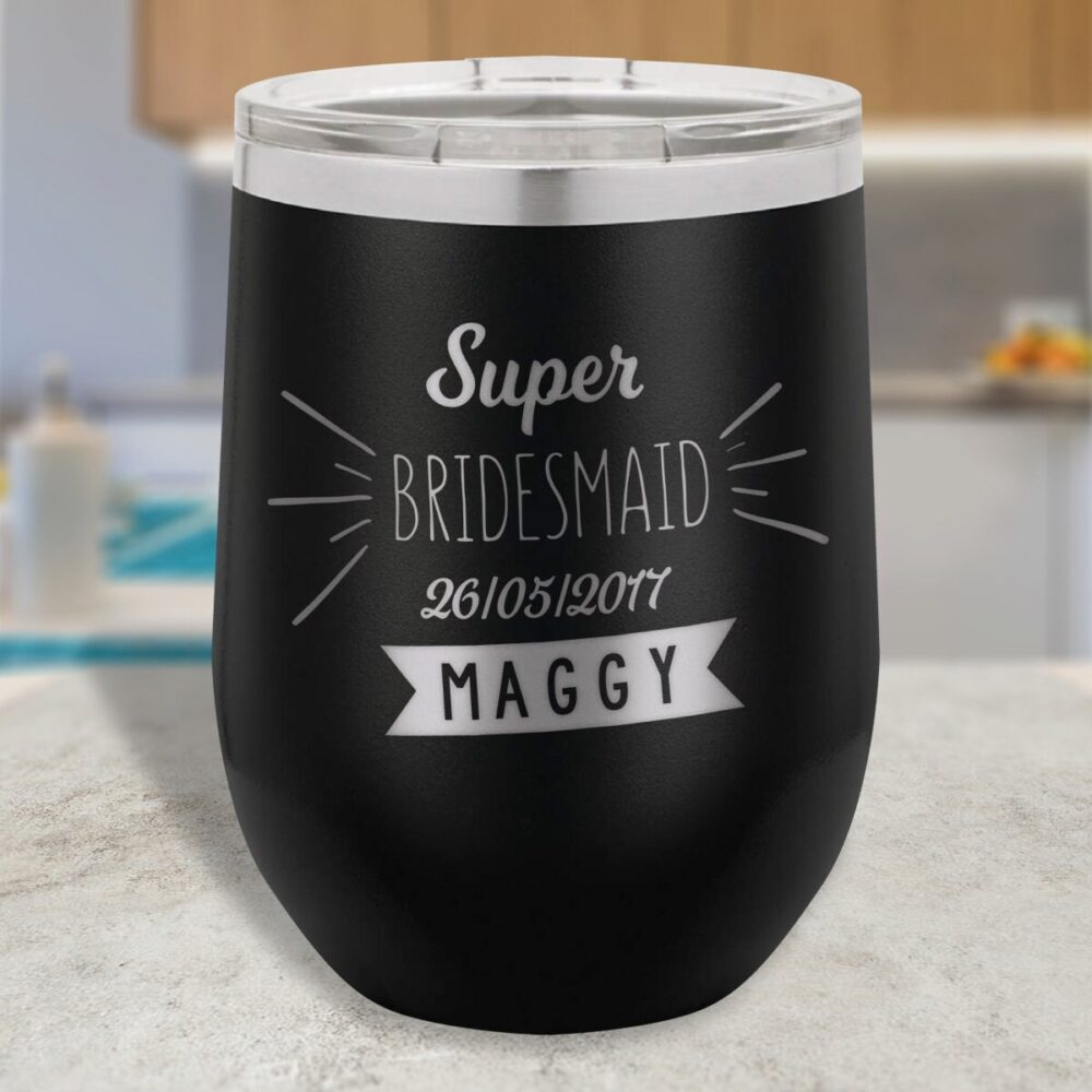 Custom Bridesmaid Wine Glass Tumbler With Lid, Customized Insulated Stemless Tumbler, Stainless Steel Wedding Present