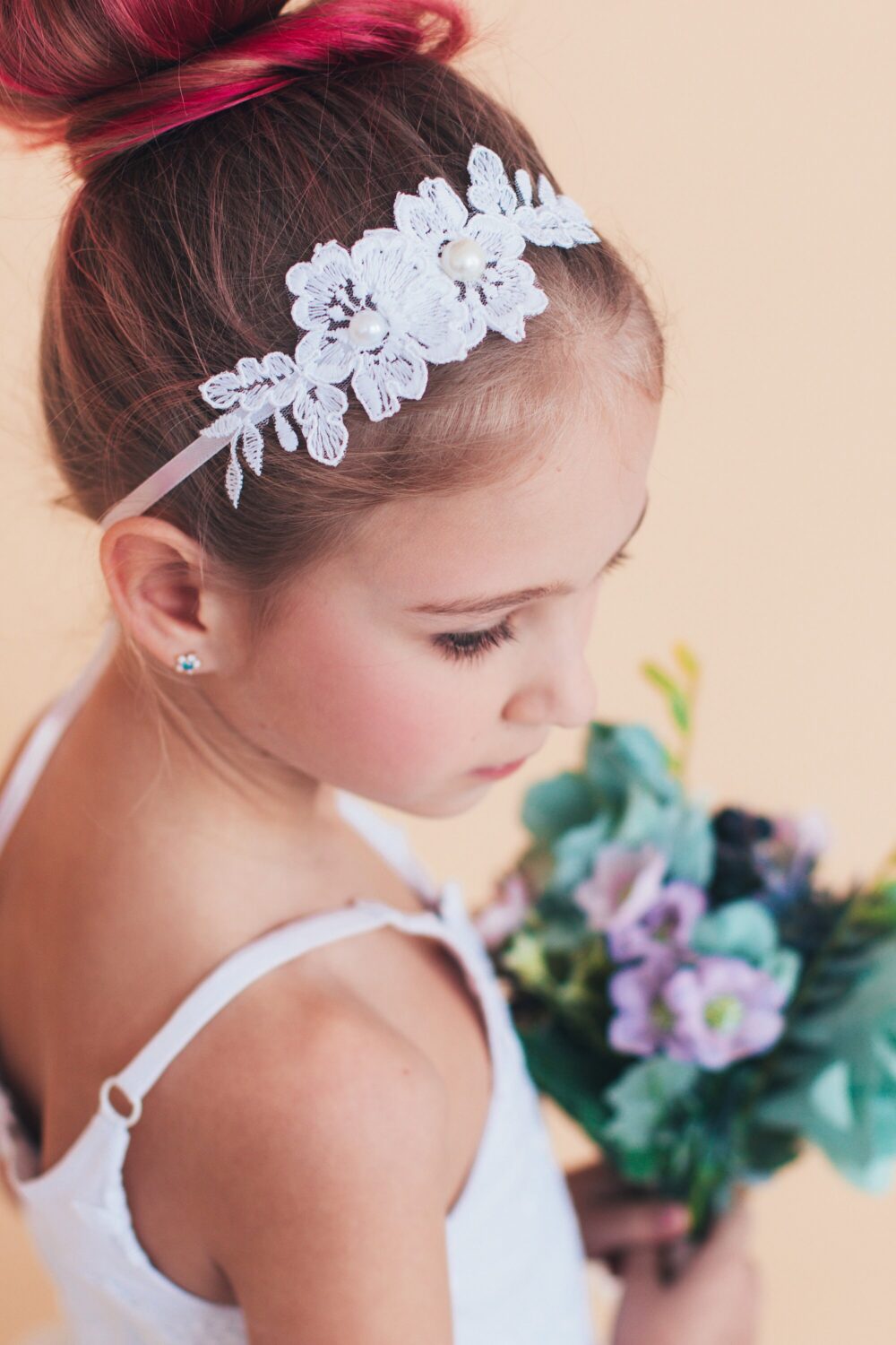 White Lace Flower Girl Headband Pearl Wedding Bow