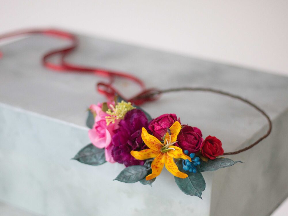 Colorful Floral Wedding Crown Tropical Flower Girl Headband