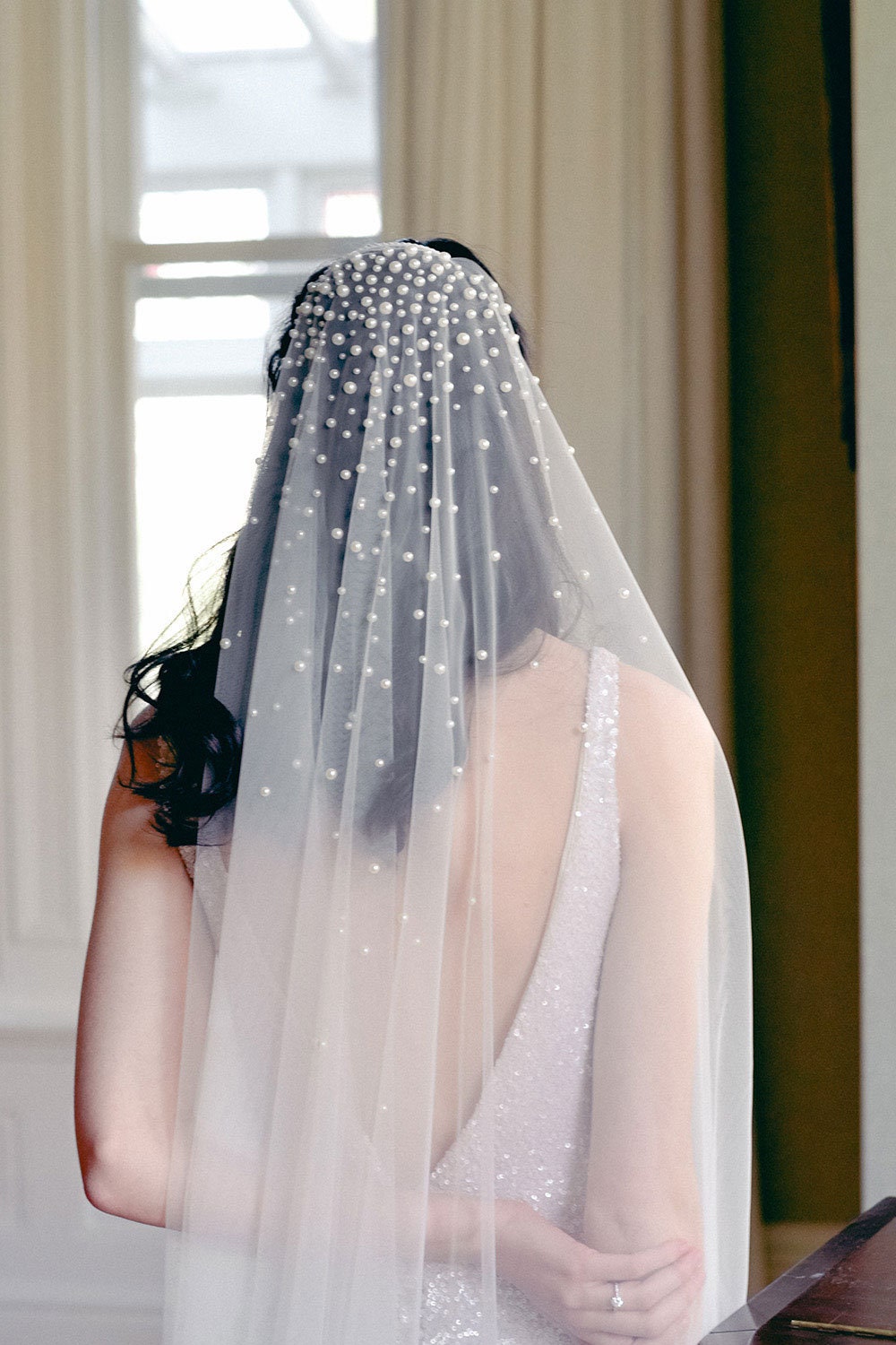 Maribel I | Pearl Wedding Veil, One Tier Veil With Pearls, Ivory Long Bridal