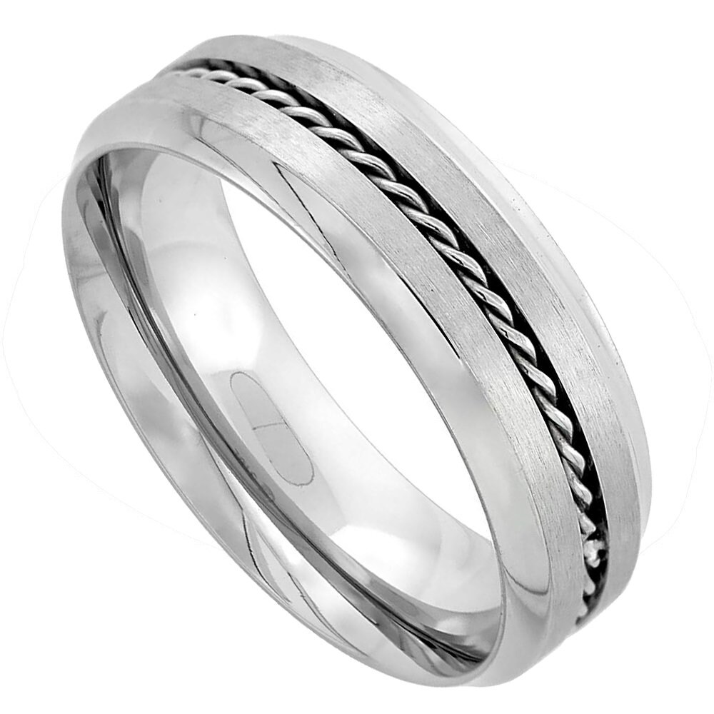 Stainless Steel 7mm Rope Inlay Wedding Band Ring Matte Finish Concaved Edges Comfort Fit