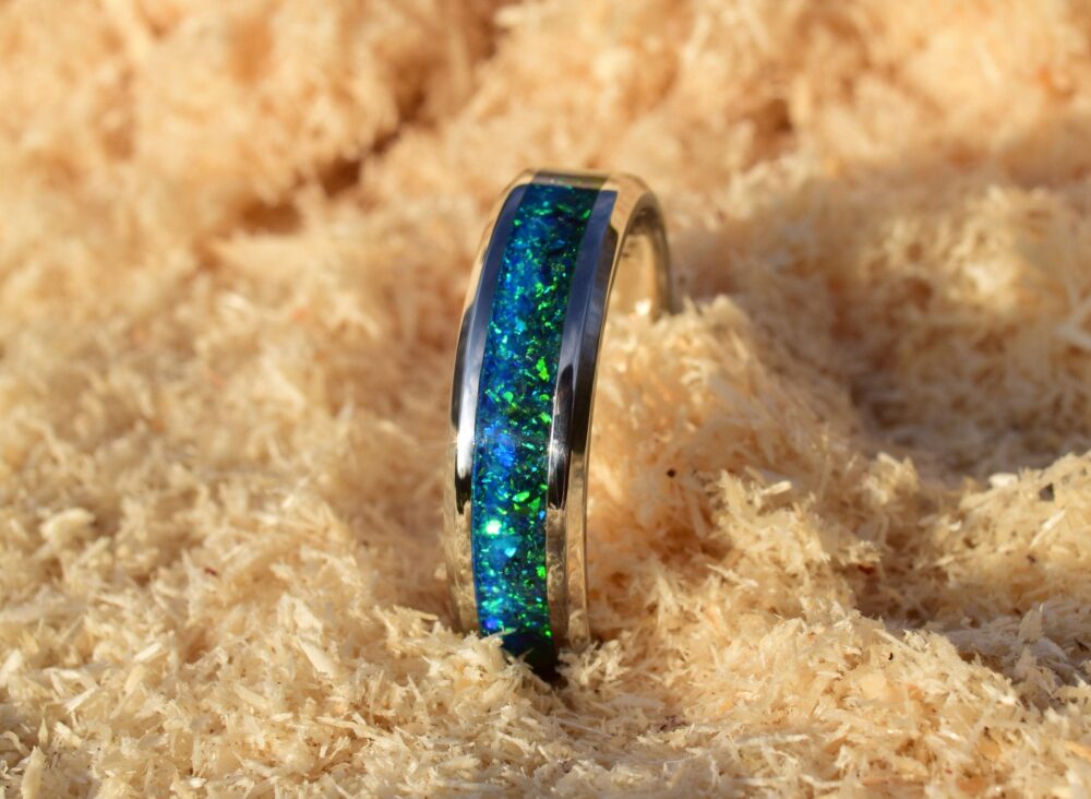 Wedding Ring, Stainless Steel Ring With Crushed Ocean Blue & Dark Green Opals