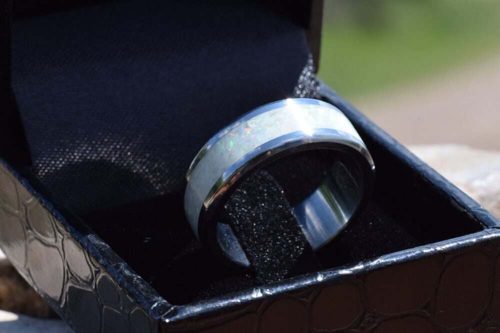 Wedding Ring, Stainless Steel Ring With Crushed White Opal