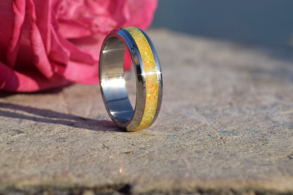 Wedding Ring, Promise Stainless Steel Ring With Crushed Yellow Opal