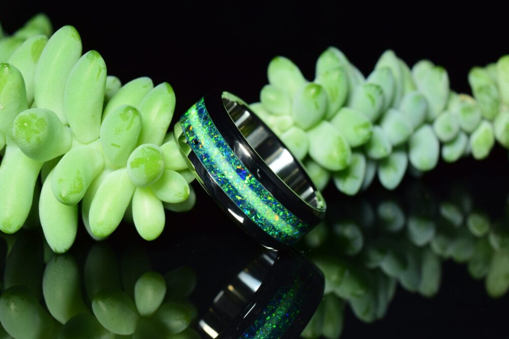 Wedding Ring, Stainless Steel Ring With Crushed Dark Green & Opal