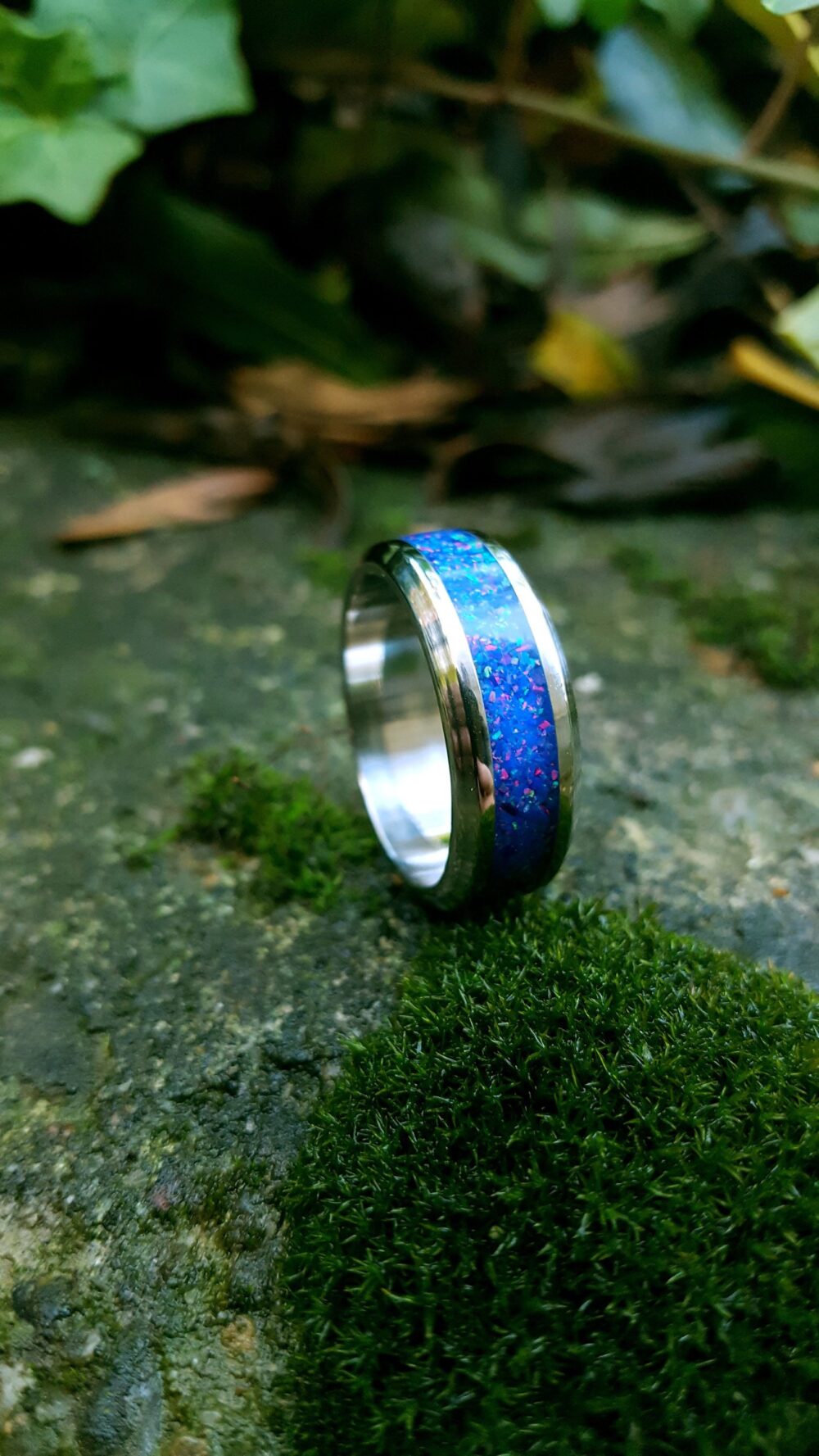 Wedding Ring, Stainless Steel Ring With Crushed Dark Blue Opal