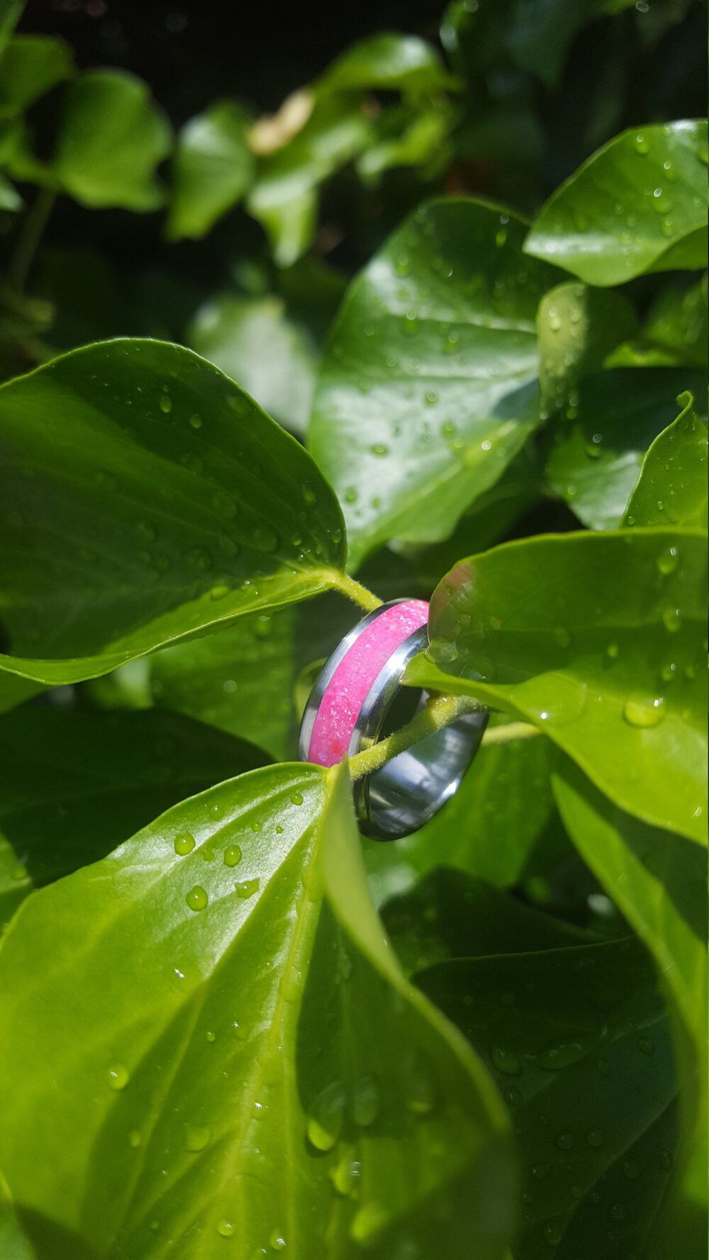 Wedding Ring, Stainless Steel Ring With Crushed Pink Deep Sea Coral Opal
