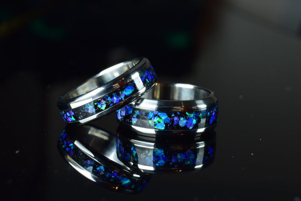 Wedding Ring, Promise Stainless Steel Ring With Crushed Black Tourmaline, Blue Opal & Lavender