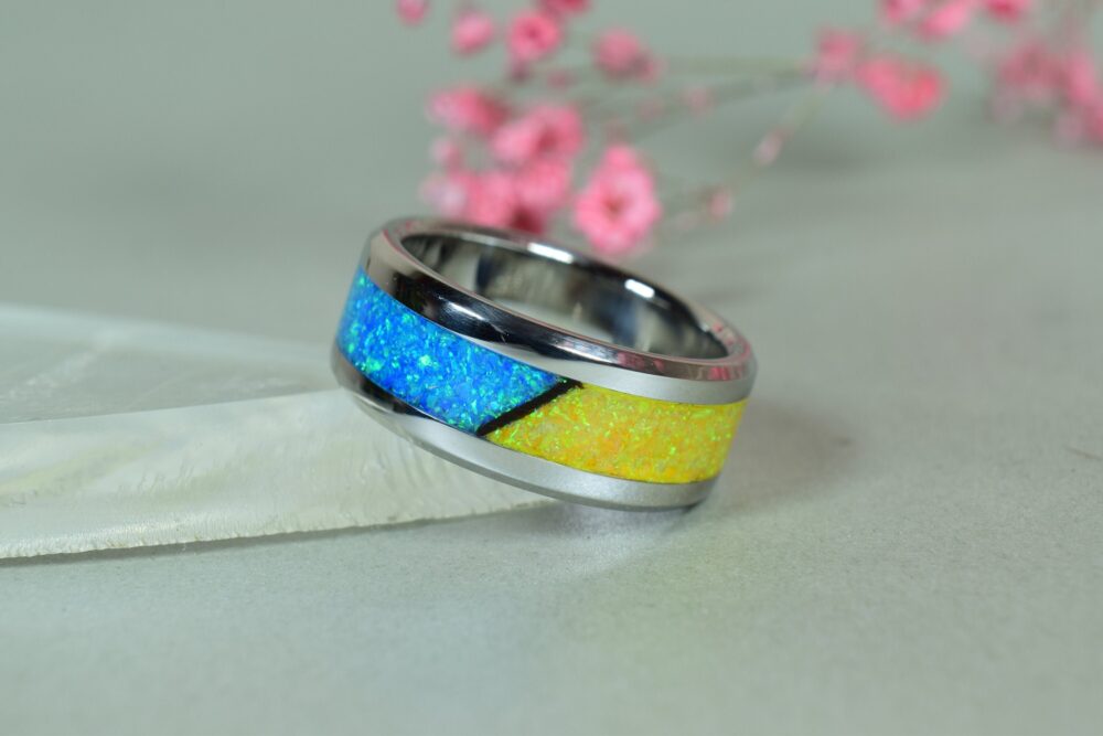 Wedding Ring, Stainless Steel Ring With Crushed Ocean Blue & Yellow Opals