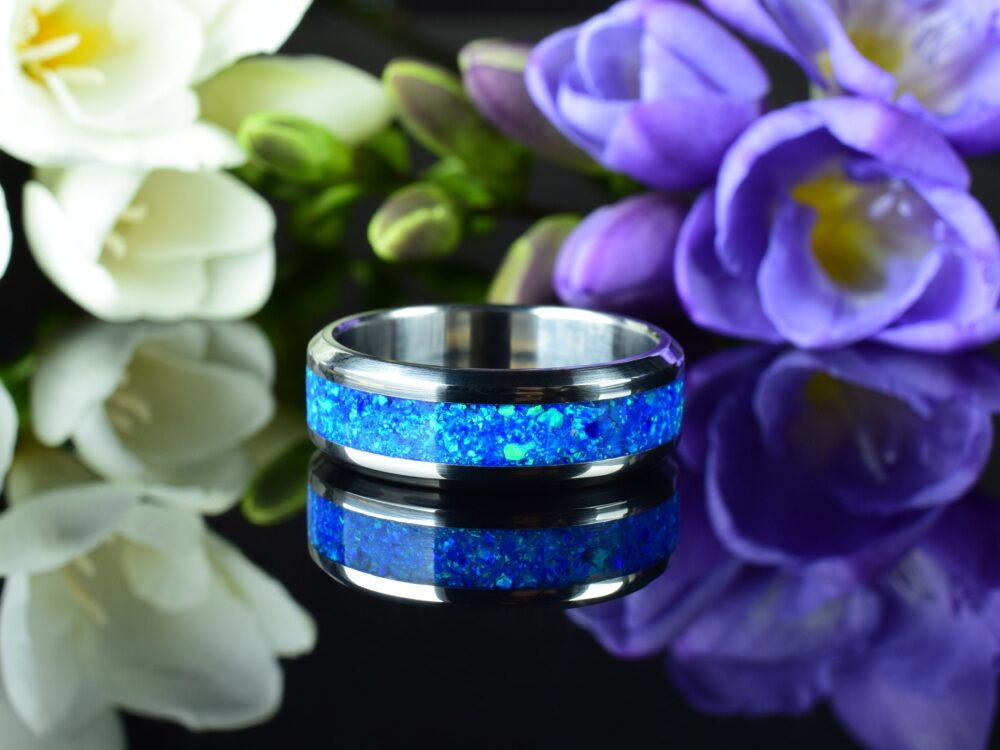 Wedding Ring, Stainless Steel Ring With Crushed Ocean Blue Opal