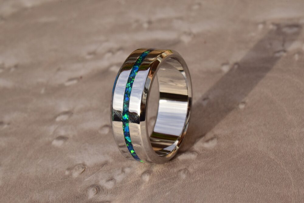 Wedding Ring, Stainless Steel Ring With Crushed Dark Green & Ocean Blue Opal