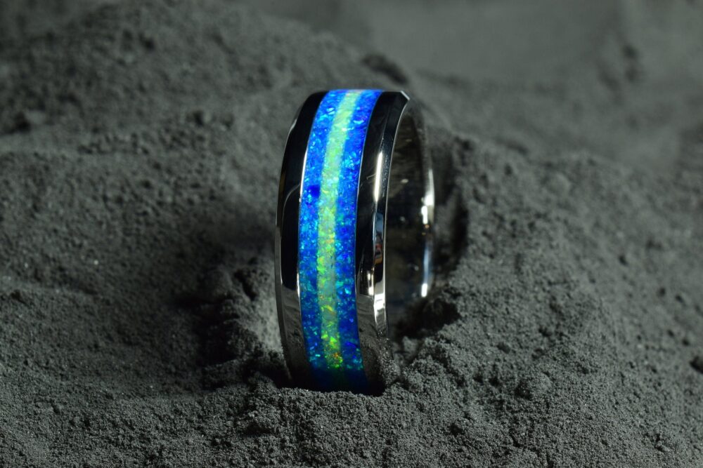 Wedding Ring, Stainless Steel Ring With Crushed Royal Blue & Light Green Opal, 8 Mm