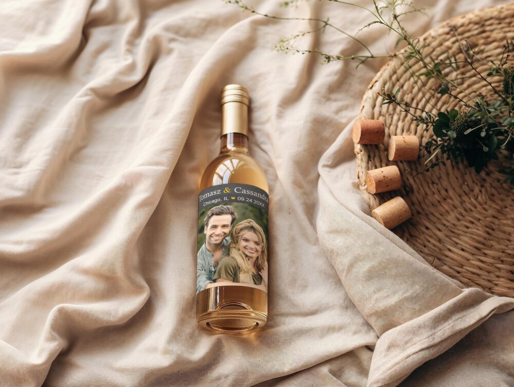 Printed Wedding Wine Bottle Labels | Thank You Favors With Photo, Names, Location & Date Custom Colors & Text Multiple Sizes