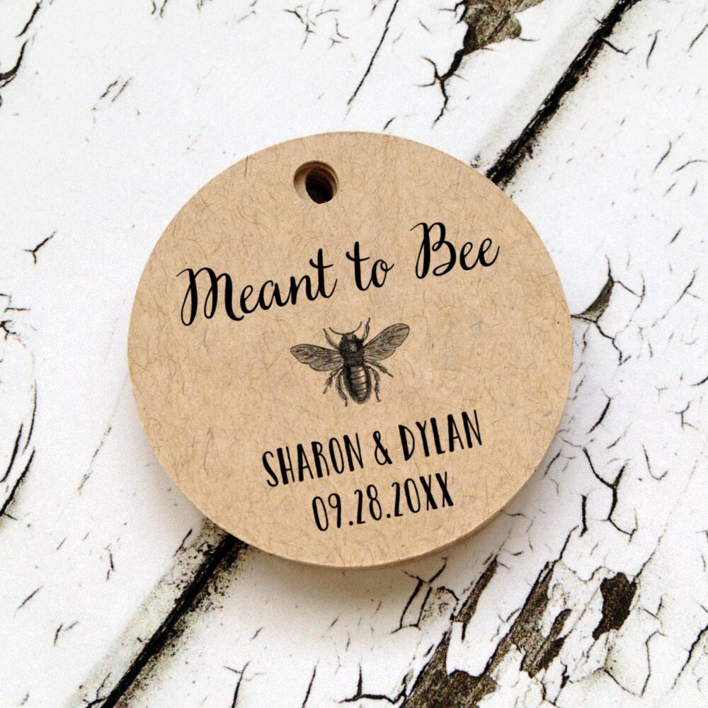 Meant To Bee Round Wedding Favor Tags, Custom Honey Jar & Stick Vintage Illustration, Personalized Gift Tag | T-57