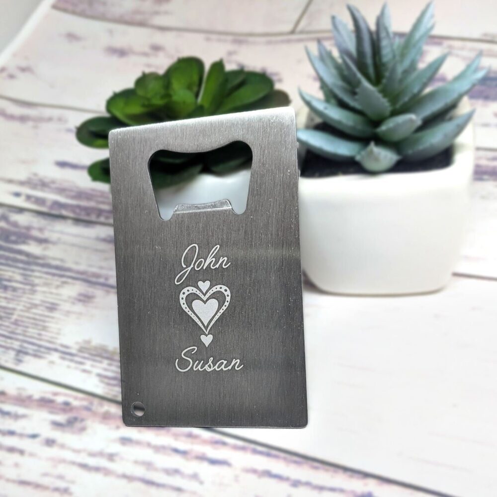 Wedding Favor Bottle Opener, Valentine's Day Credit Card 4 Hearts Design, Custom Gift For Her, Beer Lover, Love, Engraved