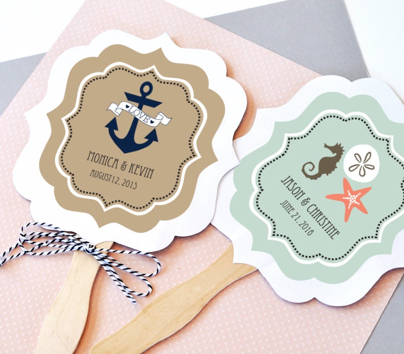 Nautical Wedding Favor Fans - Paddle Fan Hand Beach Favors Personalized Paper Custom | Eb2354Tz Set Of 24