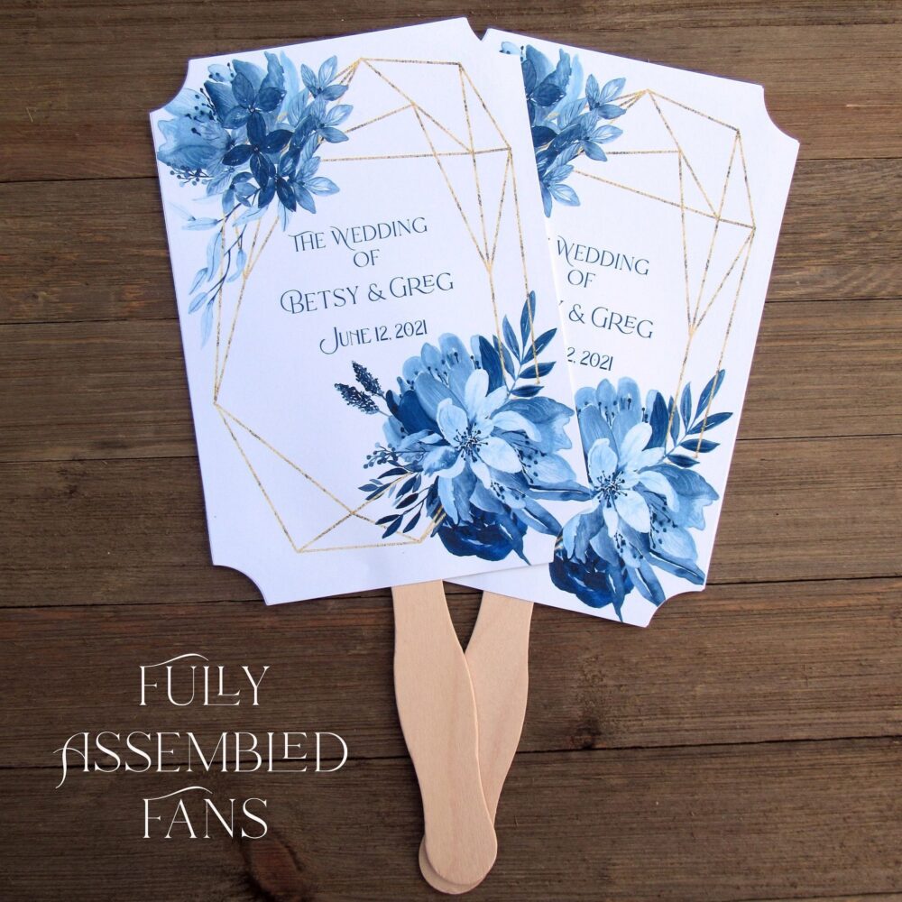 Personalized Blue Floral Wedding Favor Fans