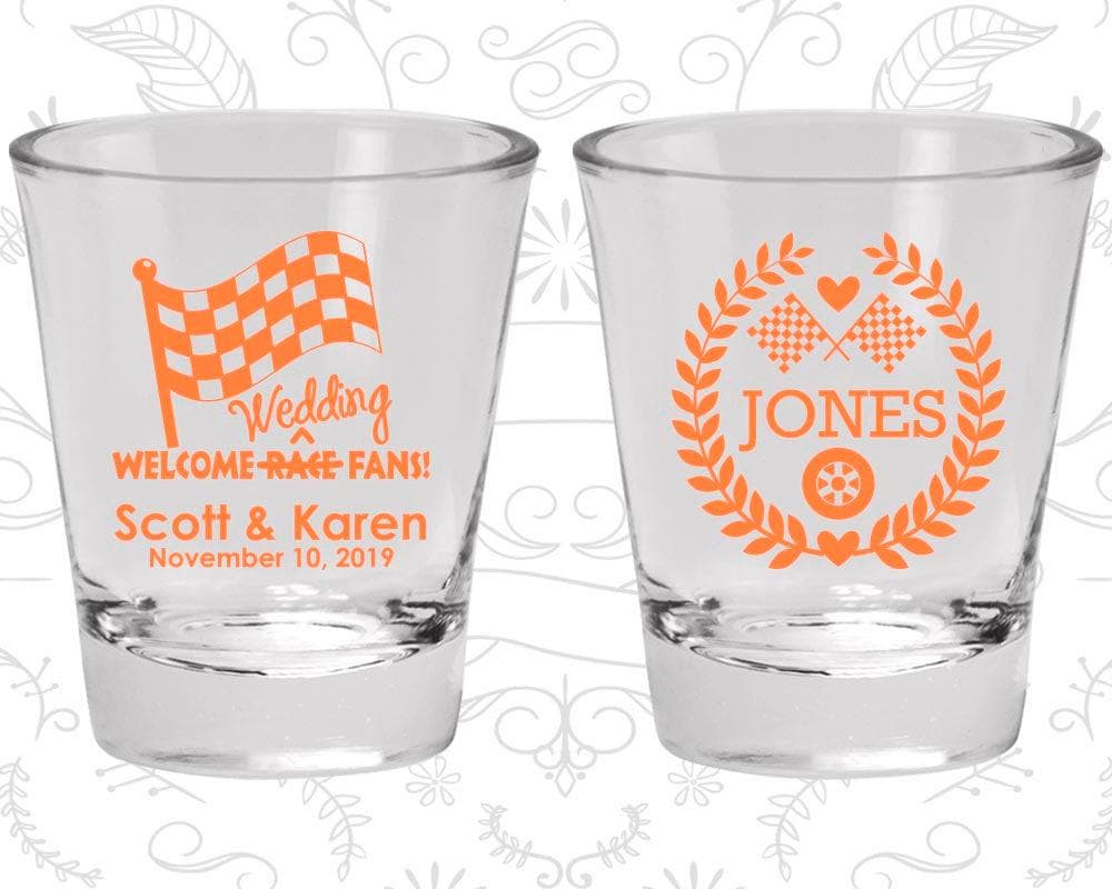 Welcome Wedding Race Fans, Favor Glassware, Racing Flags, Checkered Flag, Car Shot Glasses, Custom Glasses | 589