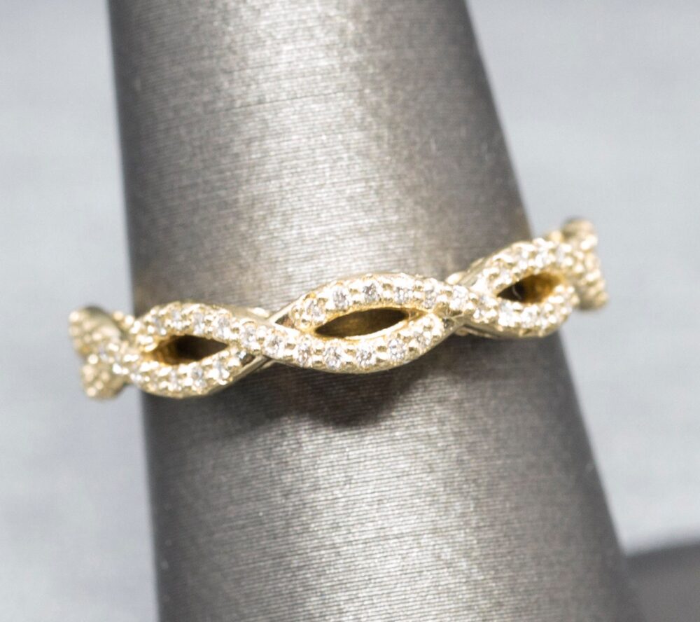 Diamond Infinity Wedding Band Ring 14K Yellow Gold, Cross Over Band, Filigree Ring, Scroll, Pierced, Stackable Twist