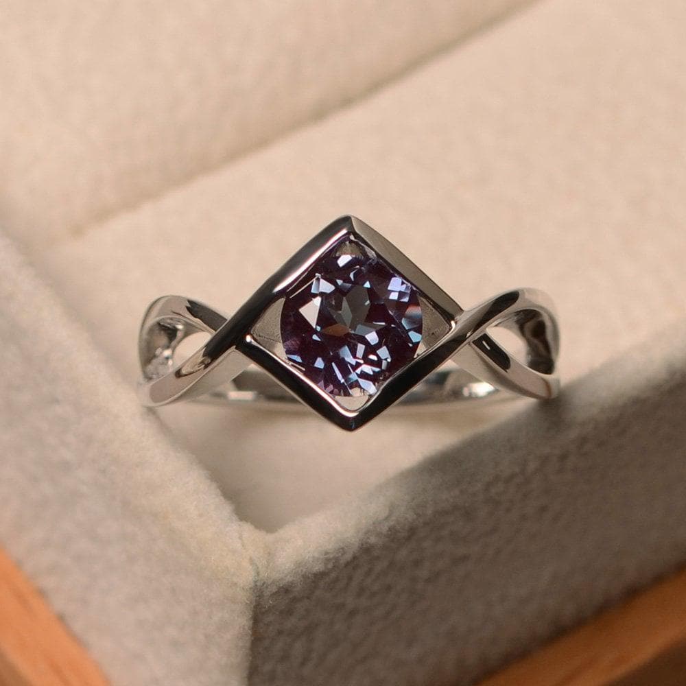 Infinity Band Ring, Round Shaped Alexandrite Engagement June Birthstone, Color Changing Gemstone, Solitaire Ring