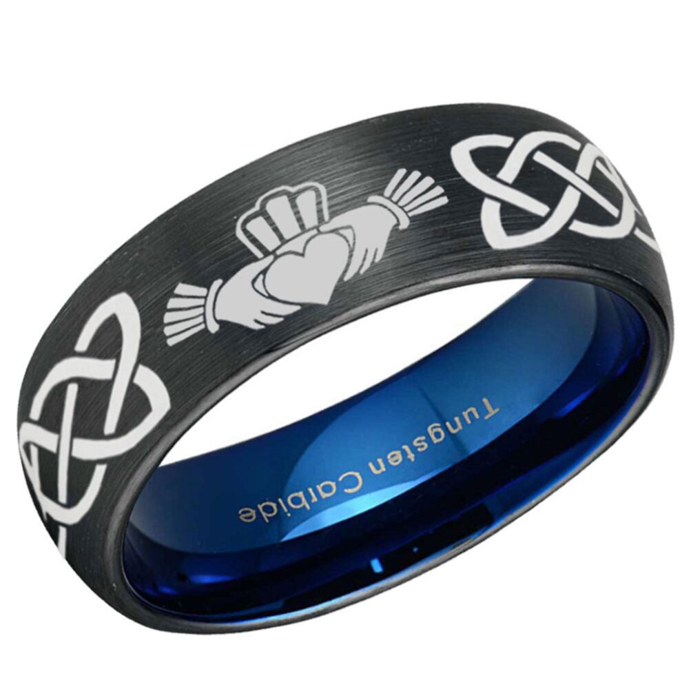 Celtic Claddagh Irish Wedding Band, Dome Black & Blue 6mm 8mm Tungsten Ring, Knot Ring