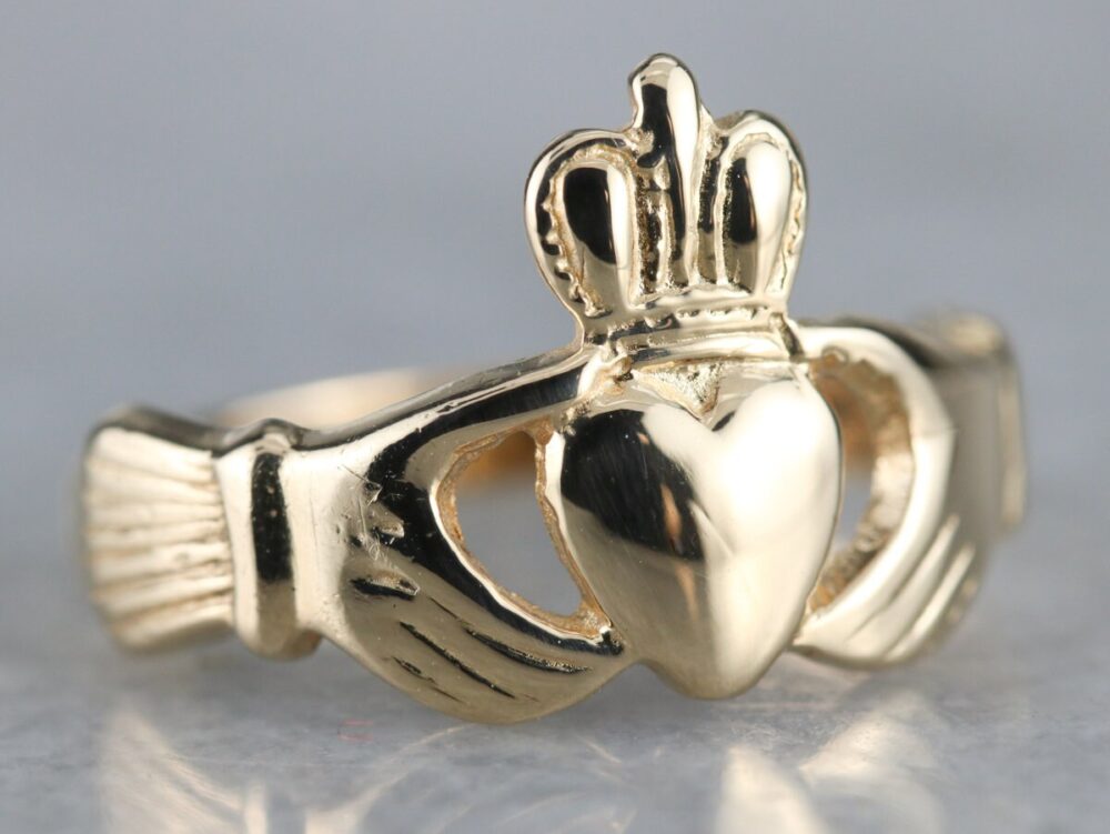 Vintage Gold Claddagh Band, Unisex Yellow Ring, Irish Wedding Traditional Band 3V5Dnjjt