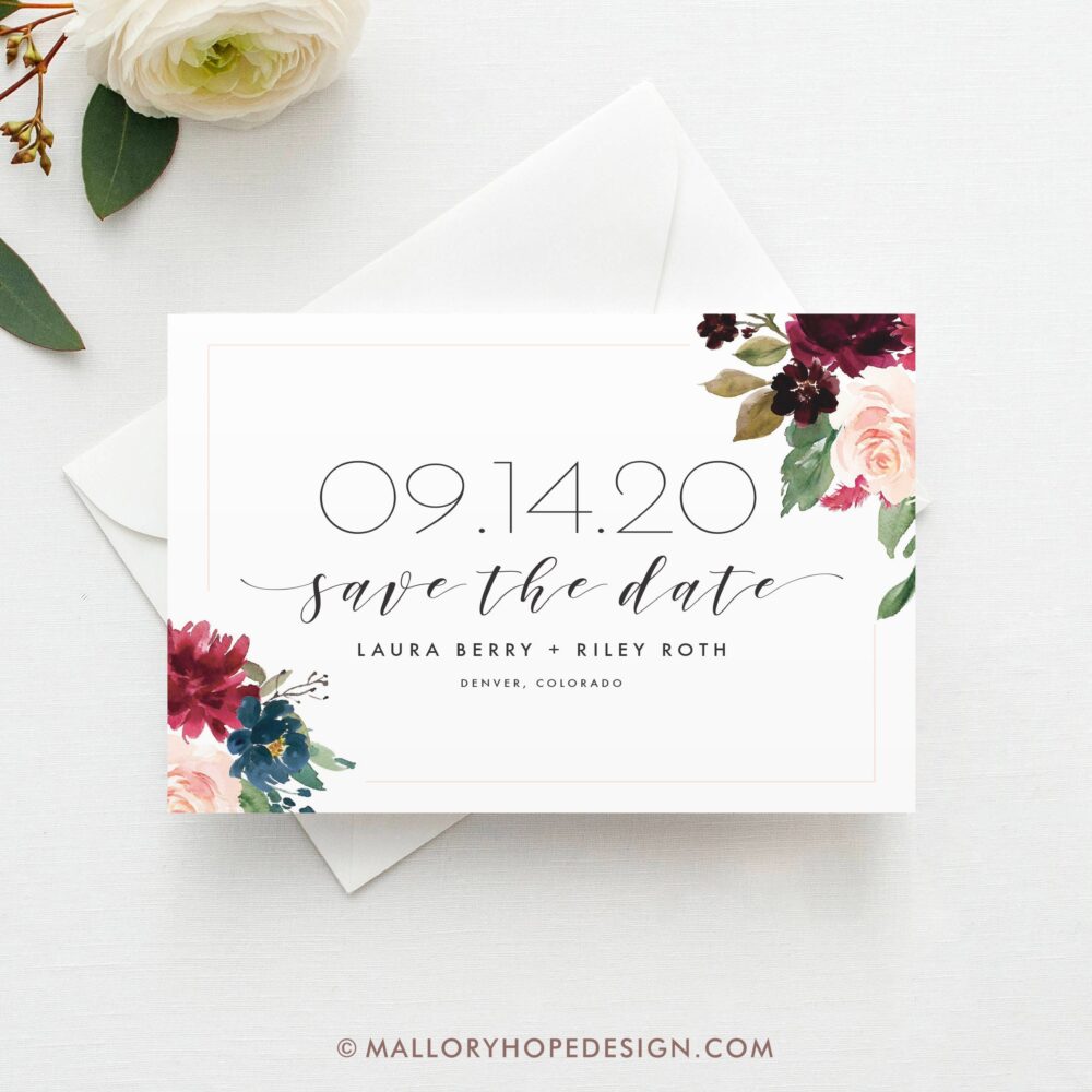Printed Fall Floral Save The Date, Burgundy Date Magnet, Postcard, Marsala Flowers, Dark Red Autumn Wedding, Flowers